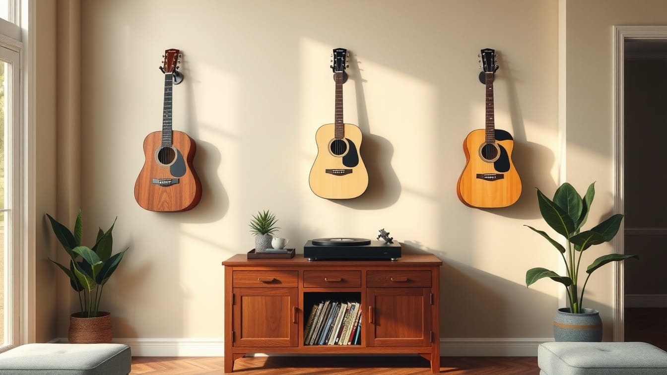 A living room wall displaying three acoustic guitars hanging on wall mounts, serving as both storage and functional decor.