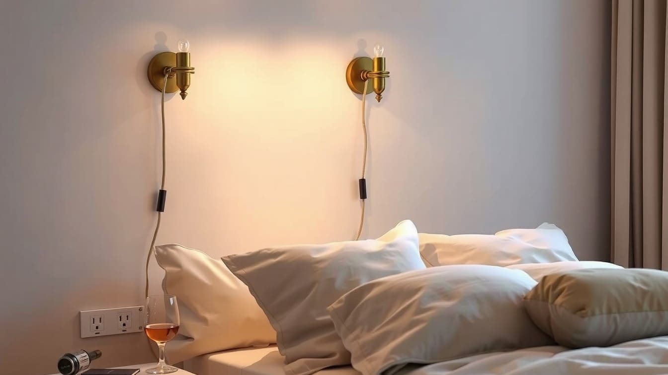 A bedroom with two brass swing-arm plug-in wall sconces mounted on either side of a bed, showing the cords plugging into outlets below.