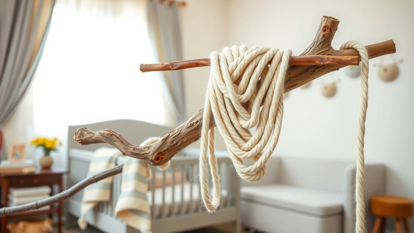 A close-up detail shot of thick, cream-colored chunky yarn looped over a natural tree branch, cut into a V-shape at the bottom, hanging on a nursery wall.