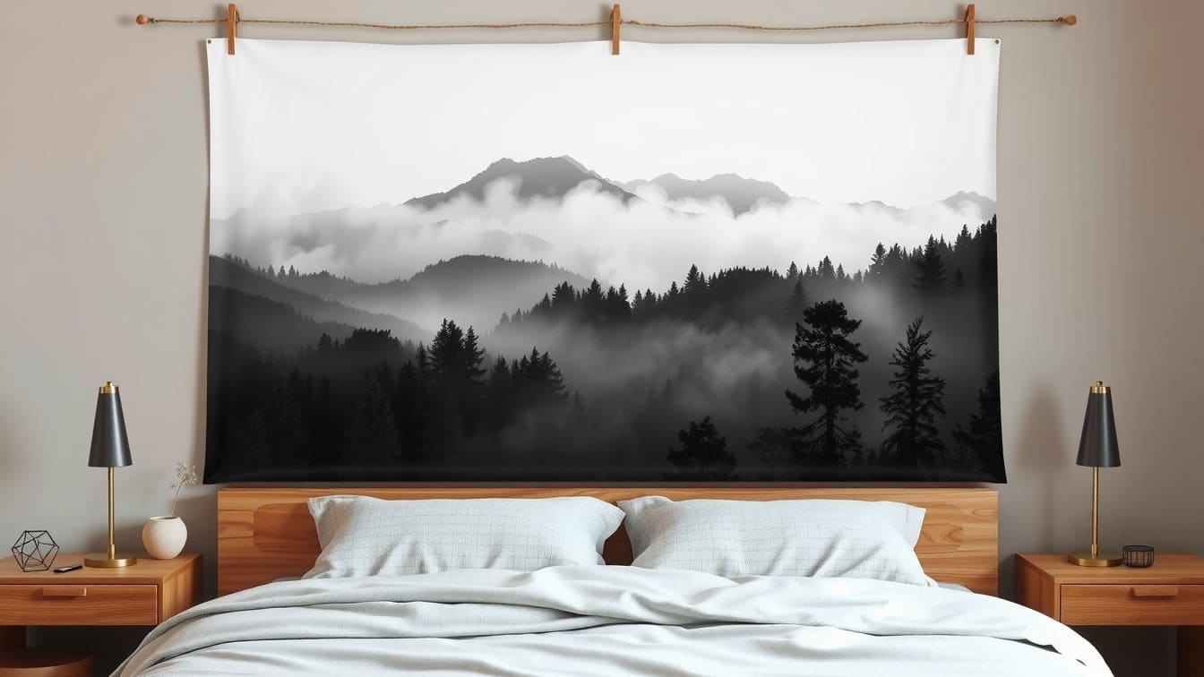 A massive, grainy black and white landscape photograph hanging above a master bed, suspended by DIY wooden magnetic rails.