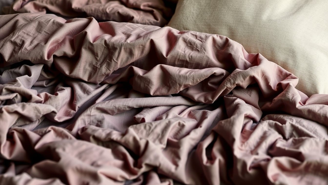 Close-up detail of wrinkled linen bedding layered with a textured bouclé pillow, showcasing modern bedroom textures.