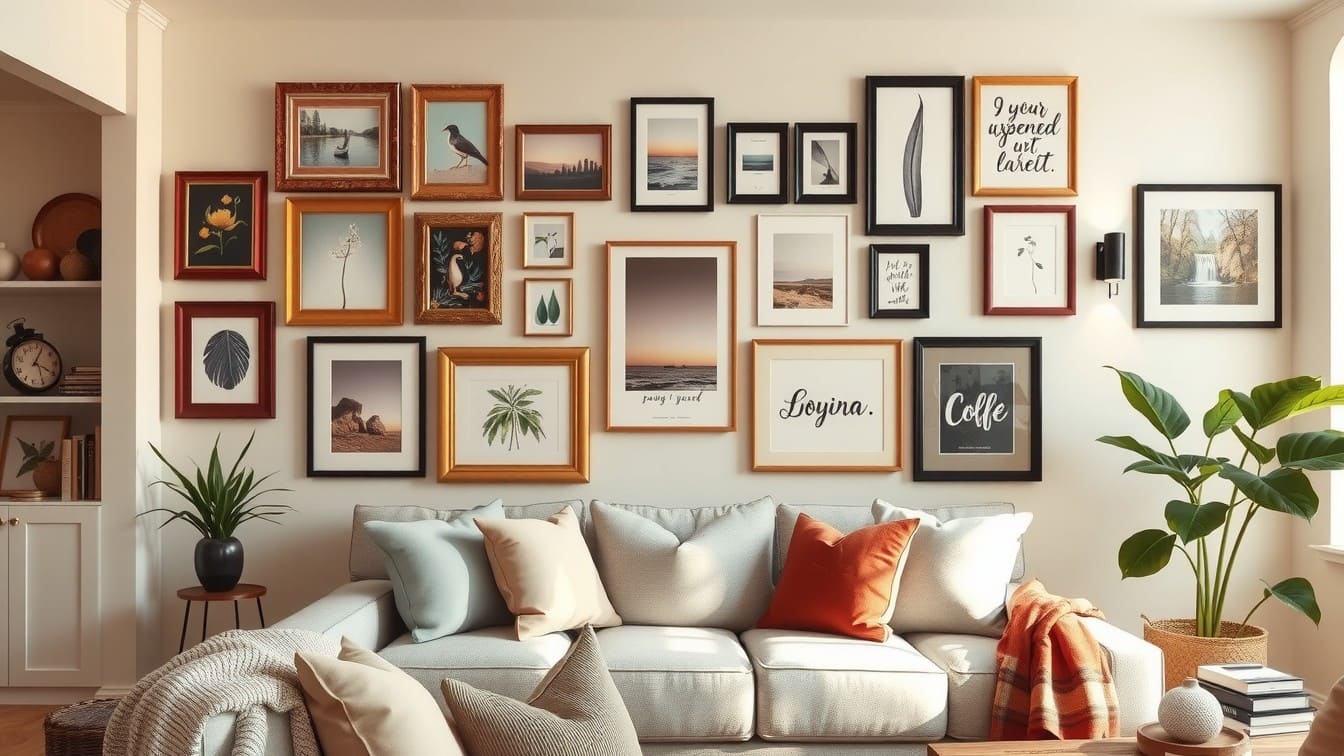 A medium shot of a stylishly imperfect gallery wall in a comfortable living room. It showcases the "mix and match" advice from the text, featuring various frame sizes (some vintage gold, some simple black wood), canvas art, a framed postcard, and a typography print. The arrangement is balanced but not a perfect grid.