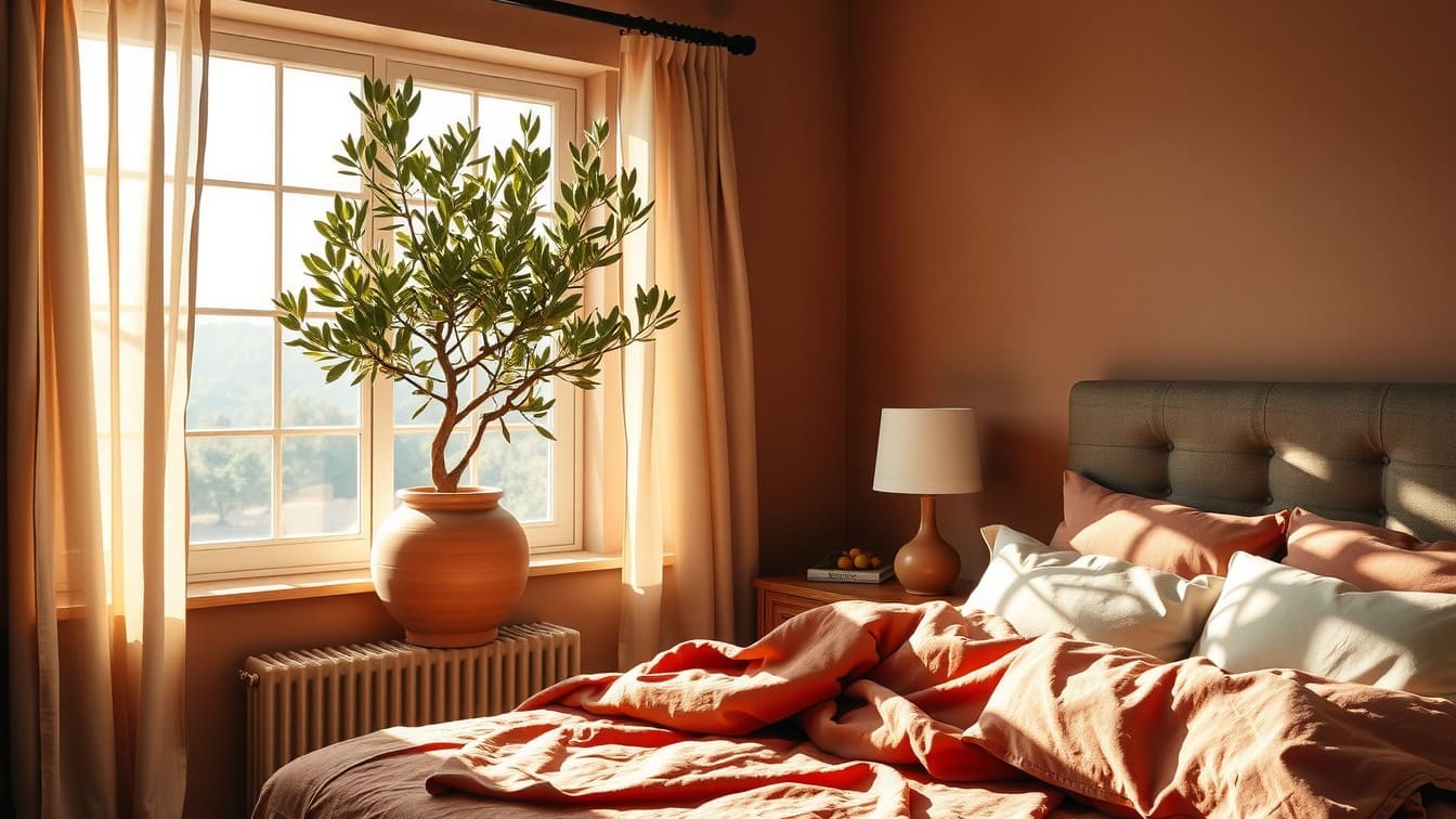 A cozy modern bedroom featuring 2026 decor trends including warm taupe walls, textured linen bedding, a large indoor plant, and soft natural lighting.