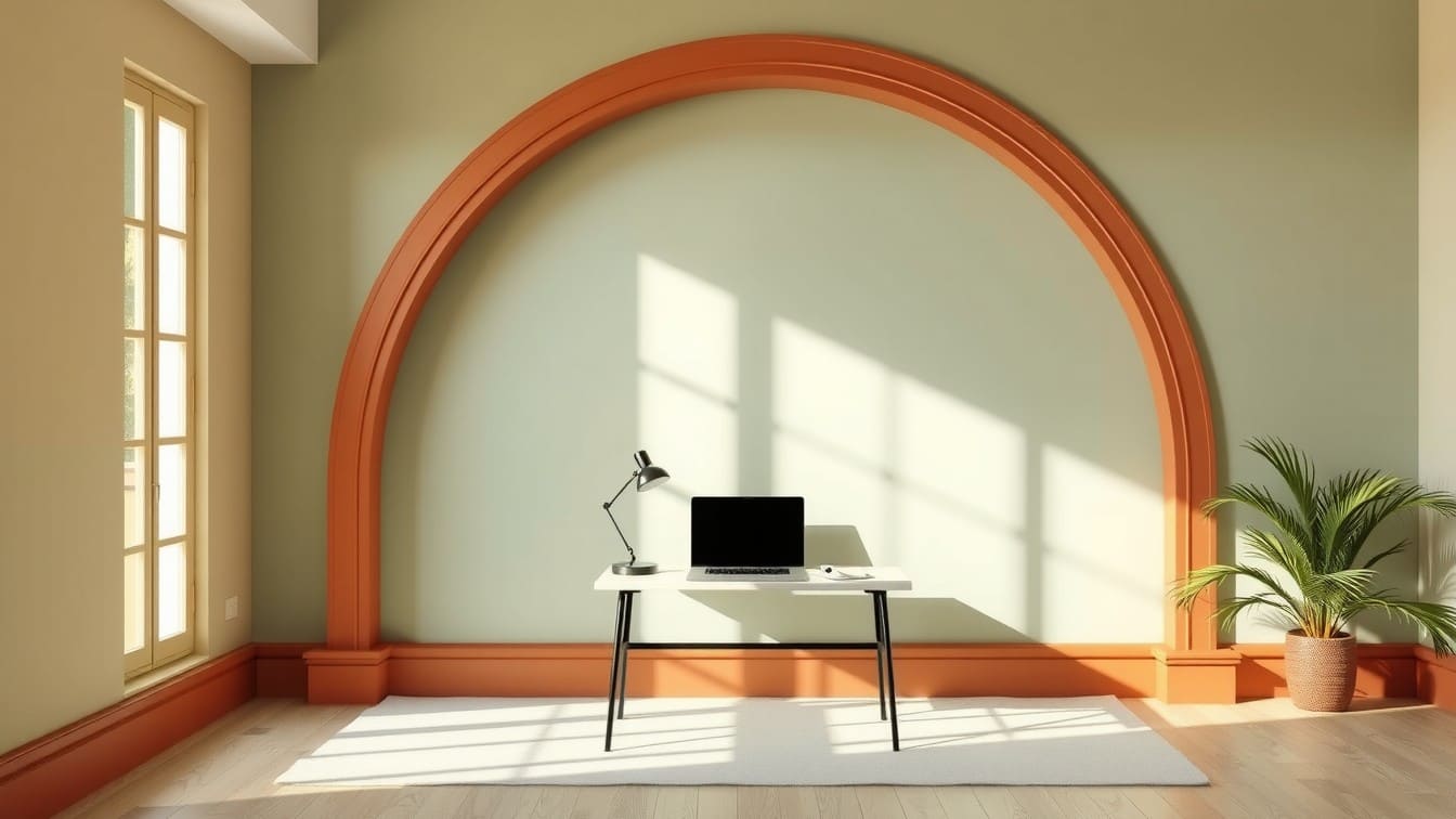 A trendy, terracotta-colored painted arch on a white wall, creating a visual frame behind a small wooden work-from-home desk and chair.