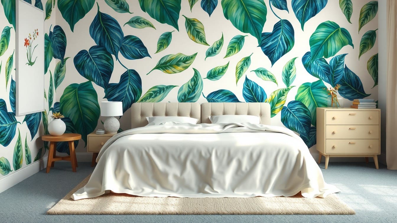 A bedroom featuring a bold green botanical peel-and-stick wallpaper on the wall behind a headboard, demonstrating a renter-friendly upgrade