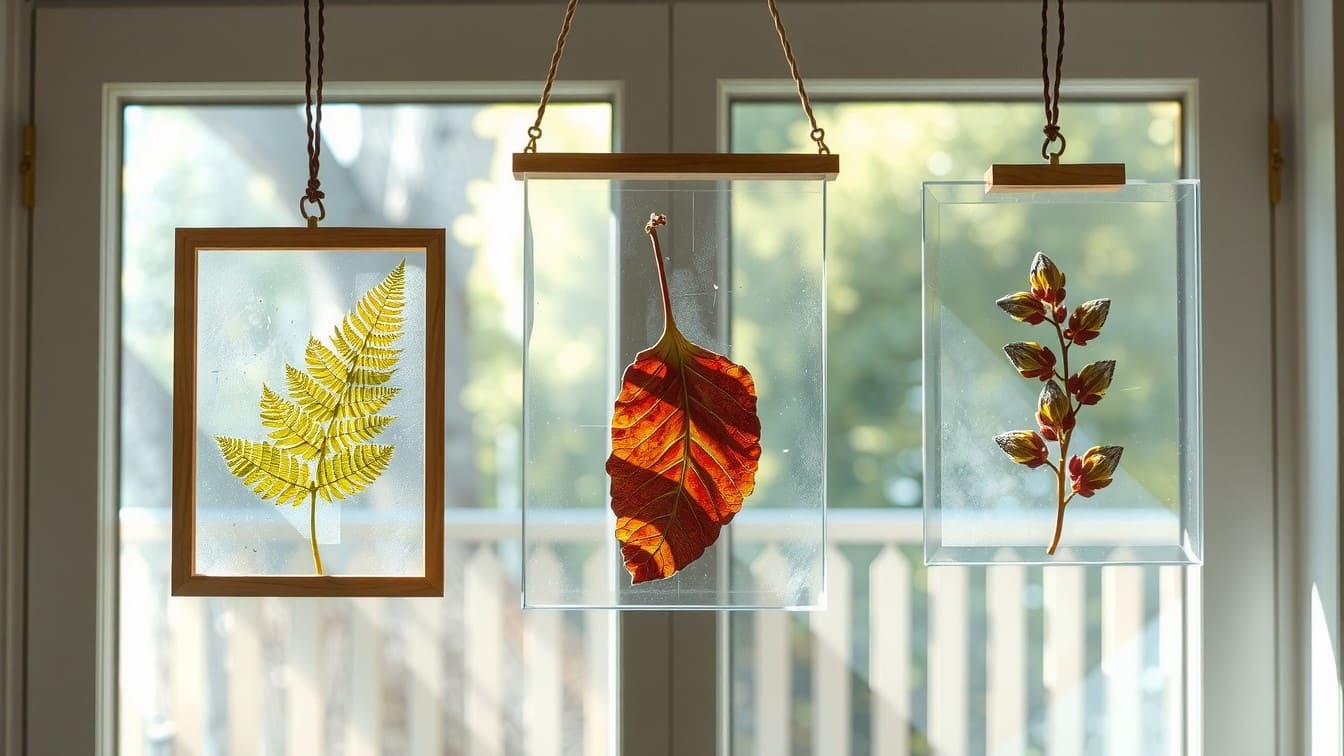Three clear glass floating frames hanging in a vertical row near a window, each containing different pressed green fern leaves, catching the sunlight.