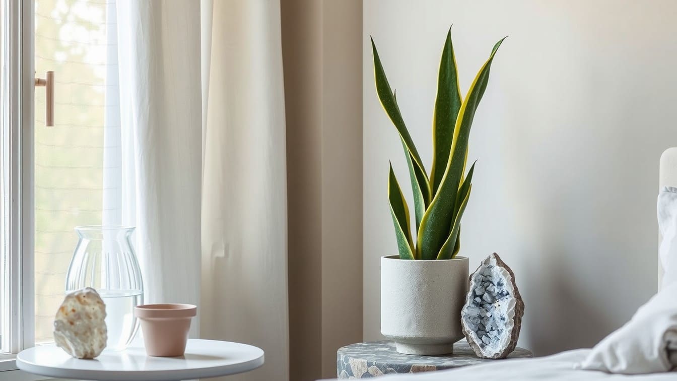 A bedroom corner displaying biophilic design with a large Snake plant in a ceramic pot and raw stone decor elements. 