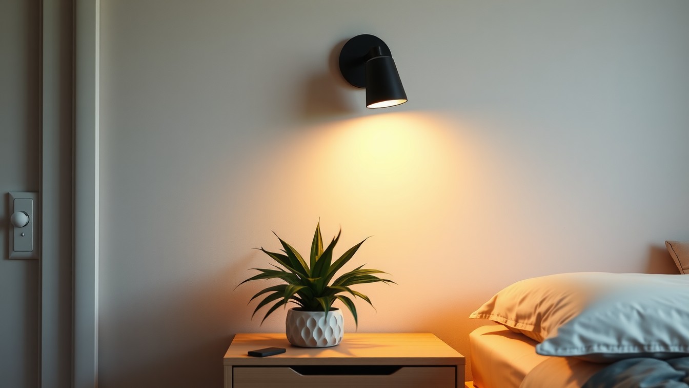 A modern matte black wall sconce mounted above a nightstand without visible wires, illustrating a cordless lighting hack.