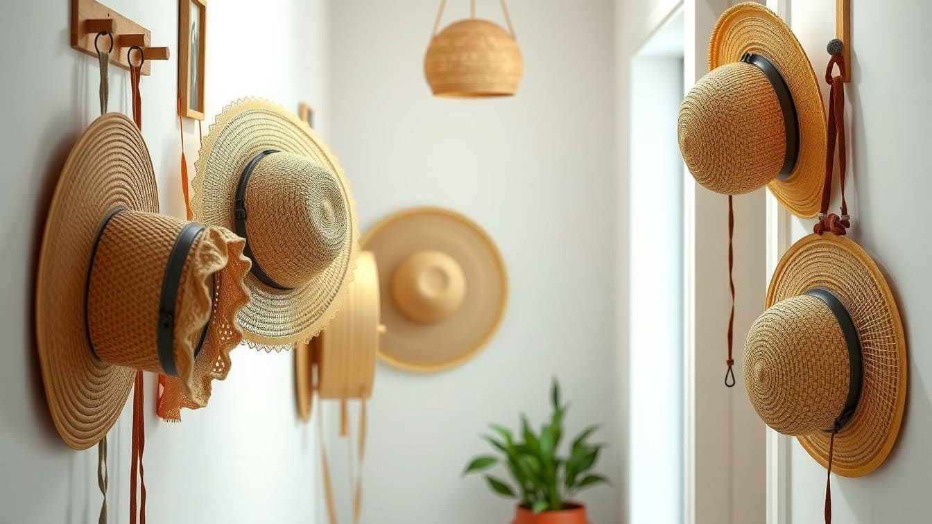 A collection of various straw sun hats and fedoras hanging on individual hooks arranged artfully on a hallway wall.