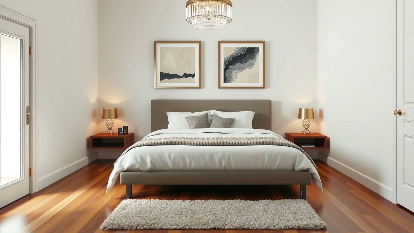 A small but luxurious apartment bedroom utilizing symmetrical design with a centered queen bed, matching floating nightstands, and twin art prints.