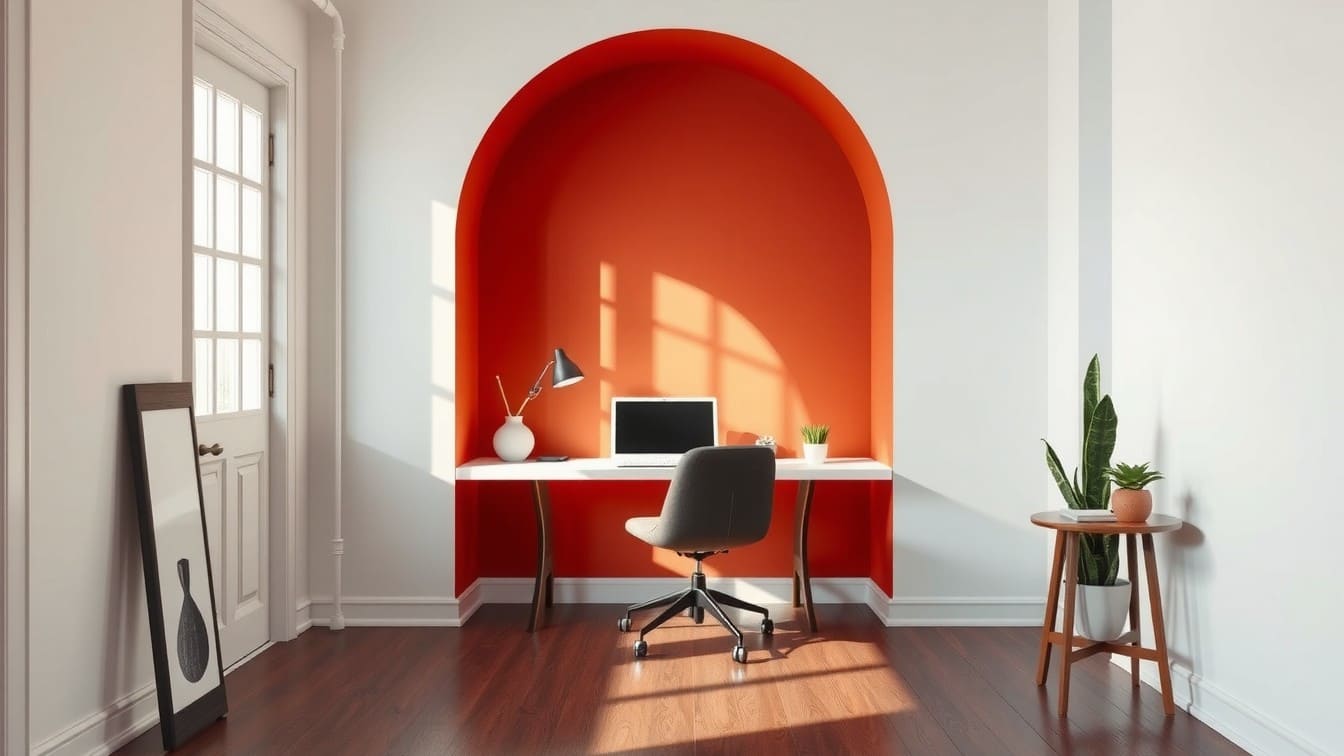 A DIY painted arch in a terracotta color on a white wall, framing a small wooden desk and chair to create a dedicated home office zone.