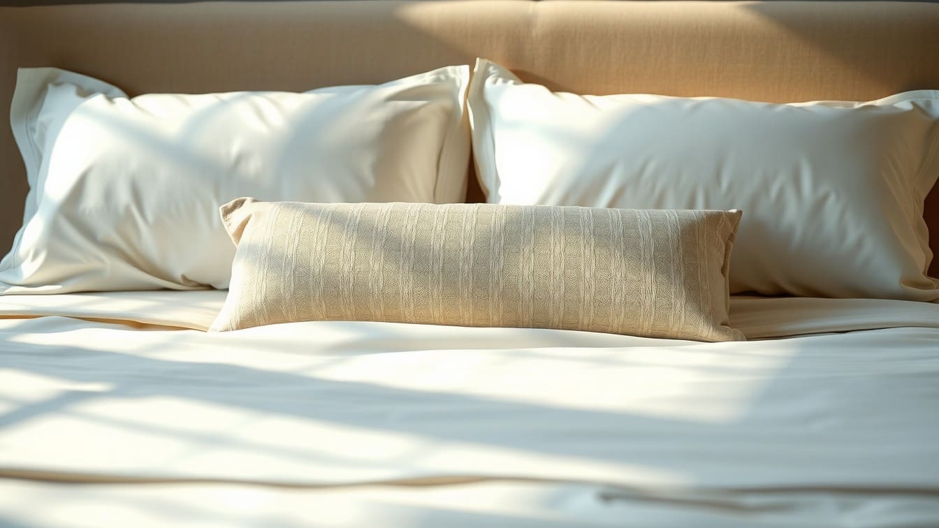 Close-up of a perfectly made hotel-style bed with crisp white percale sheets, a fluffy duvet, and a perfectly layered luxury pillow menu.