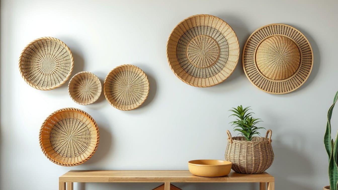A collection of varied woven winnowing trays and shallow baskets arranged in an overlapping cluster on a light beige wall above a wooden entryway bench.