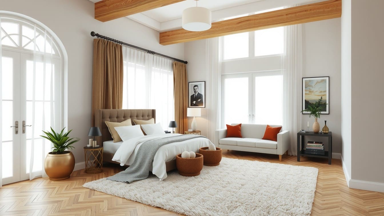 Floor-to-ceiling neutral drapes over a large bedroom window next to a cozy reading nook with an upholstered armchair and side table.