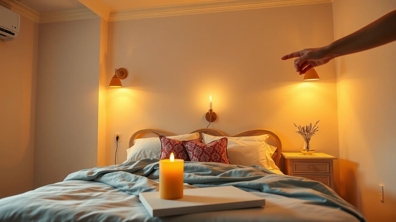 A moody, relaxing bedroom illuminated by warm plug-in wall sconces beside the bed, showcasing cozy hotel bedroom lighting ideas.