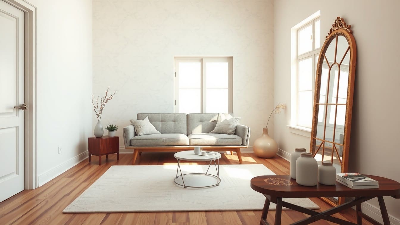 A bright and stylish small living room featuring a mid-century sofa, a large area rug, and a leaning mirror to make the space look bigger.