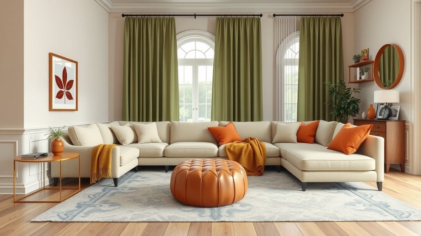A visually balanced living room demonstrating the 60-30-10 rule with cream, sage green, and terracotta accents.