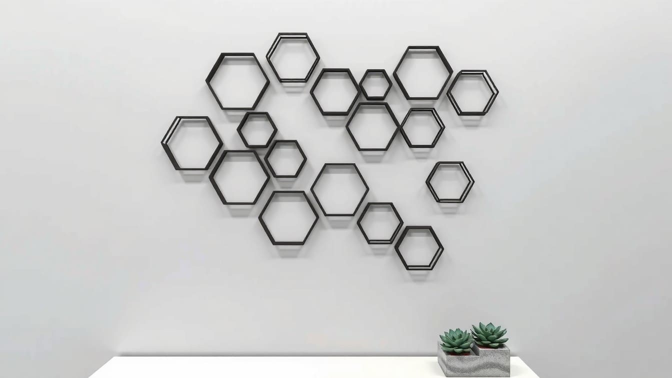 A close-up view of modern black metal wire geometric hexagons creating dynamic, interlocking shadows on a light gray wall.