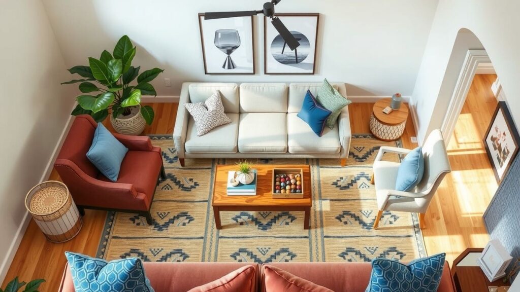 A living room arranged for conversation with a sofa facing two accent chairs around a coffee table.