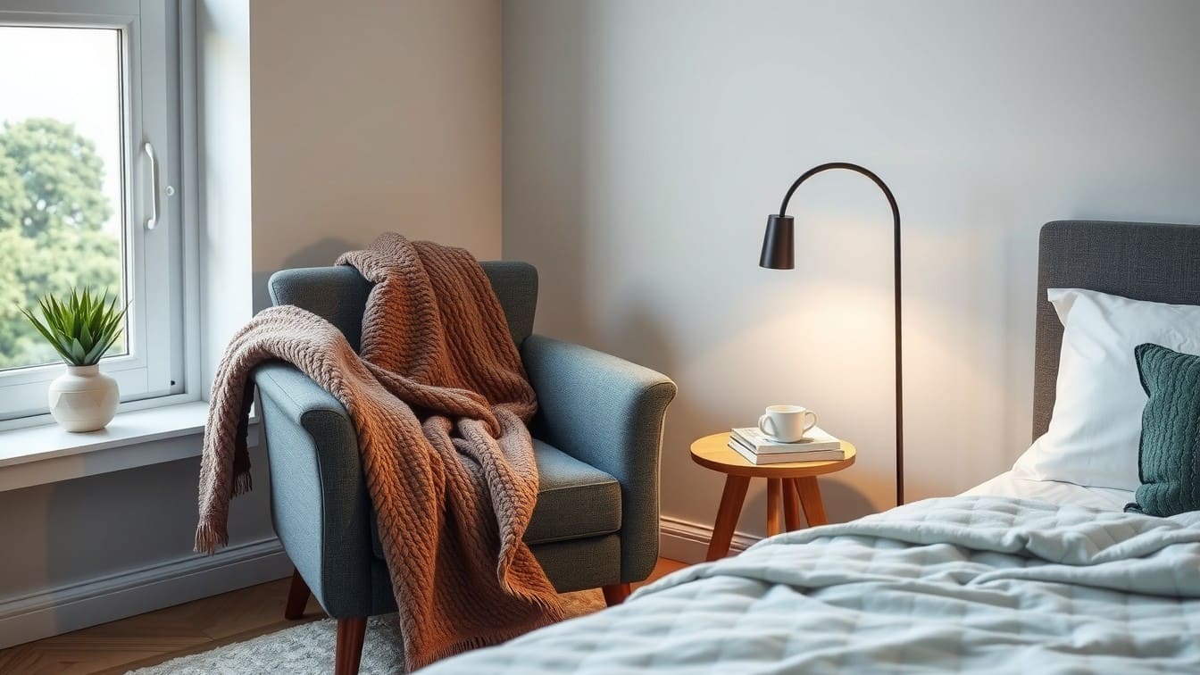 A cozy bedroom reading corner featuring a grey upholstered armchair, a small round side table, a floor lamp, and a faux-fur throw blanket by a large window.