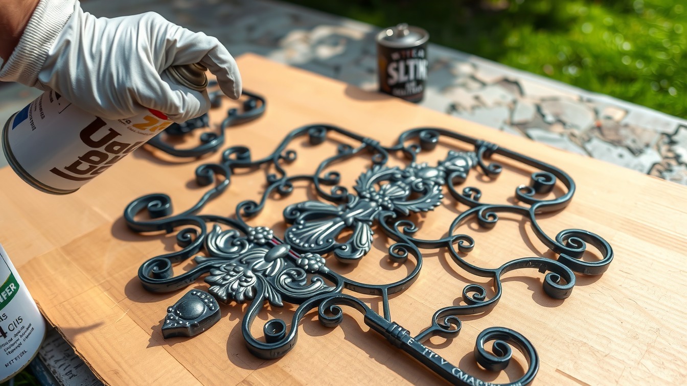 An action shot of a hand in a glove using matte black spray paint on an outdated brass metal scrollwork piece, transforming it on a patio.