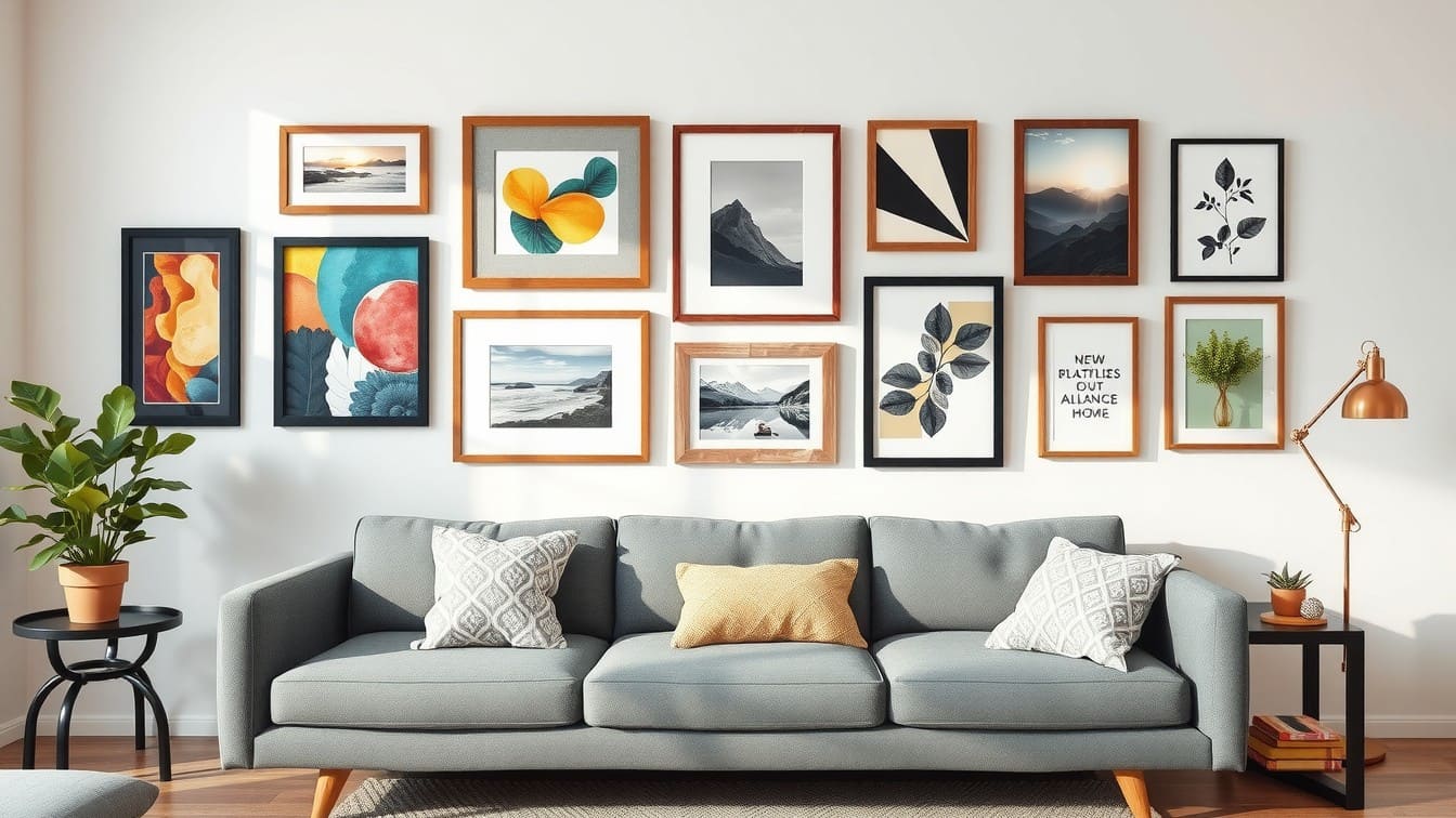 A curated collection of vintage and modern frames containing art prints and personal photos arranged on a living room wall above a gray couch.