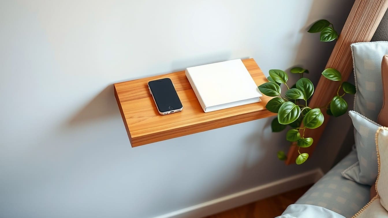 A minimalist wooden floating shelf used as a nightstand with a lamp, phone, and book, saving floor space in a small bedroom.