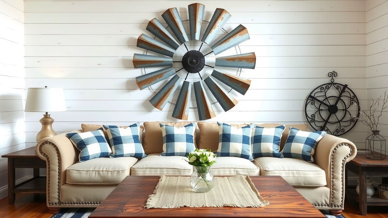 A large, distressed galvanized metal windmill half-blade mounted above a rustic sofa in a shiplap farmhouse living room.