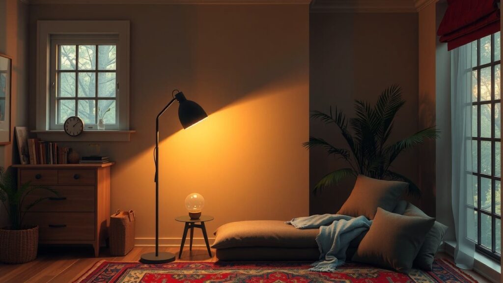 A cozy reading nook illuminated by a warm floor lamp and a small table lamp.