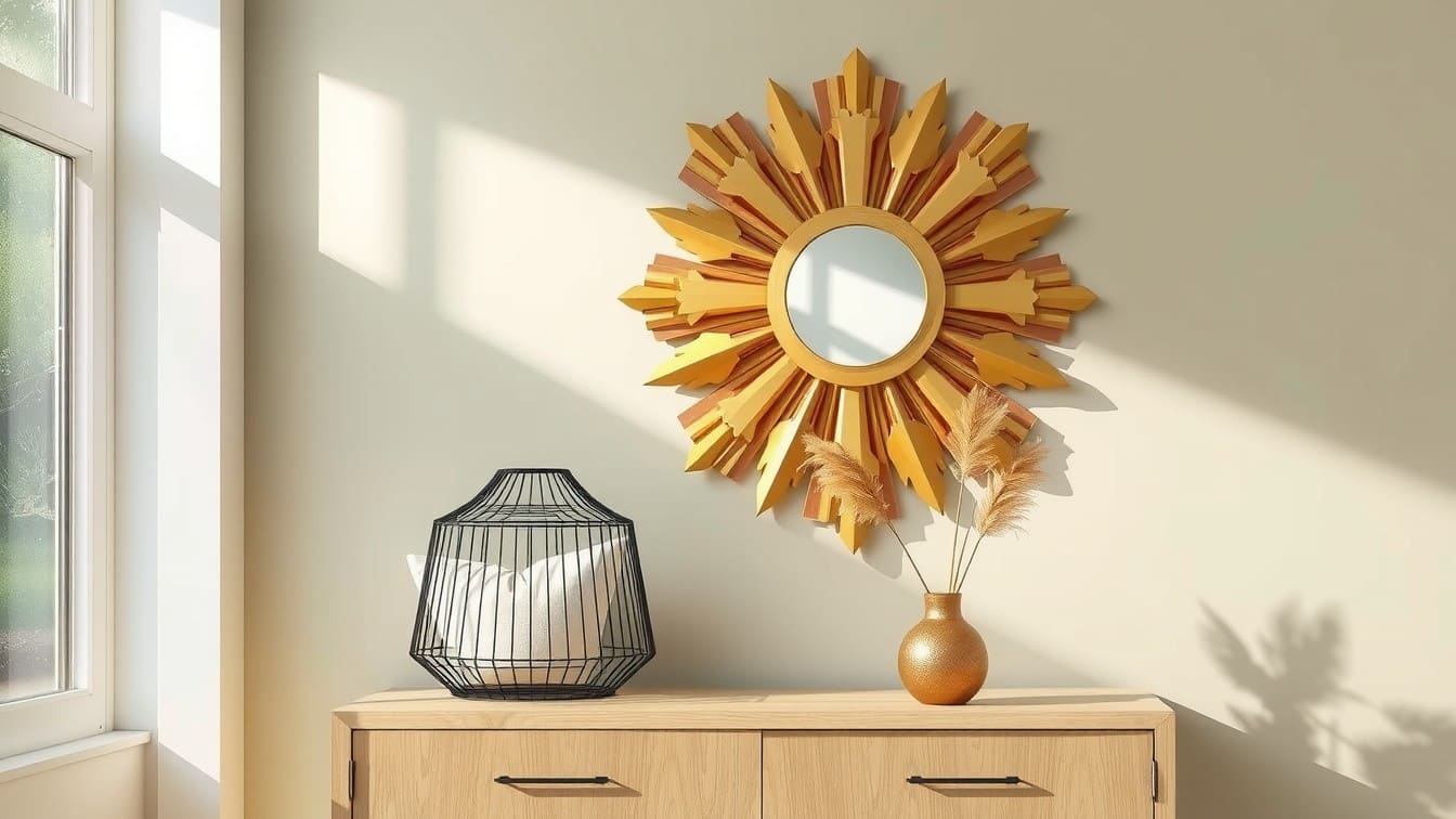 A vibrant interior living room featuring a cluster of different metal wall art pieces including a gold sunburst and a black geometric grid.