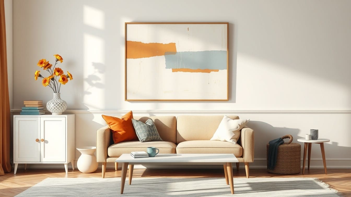 A massive, single piece of abstract wall art hanging above a small sofa in a compact living area, creating a focal point.