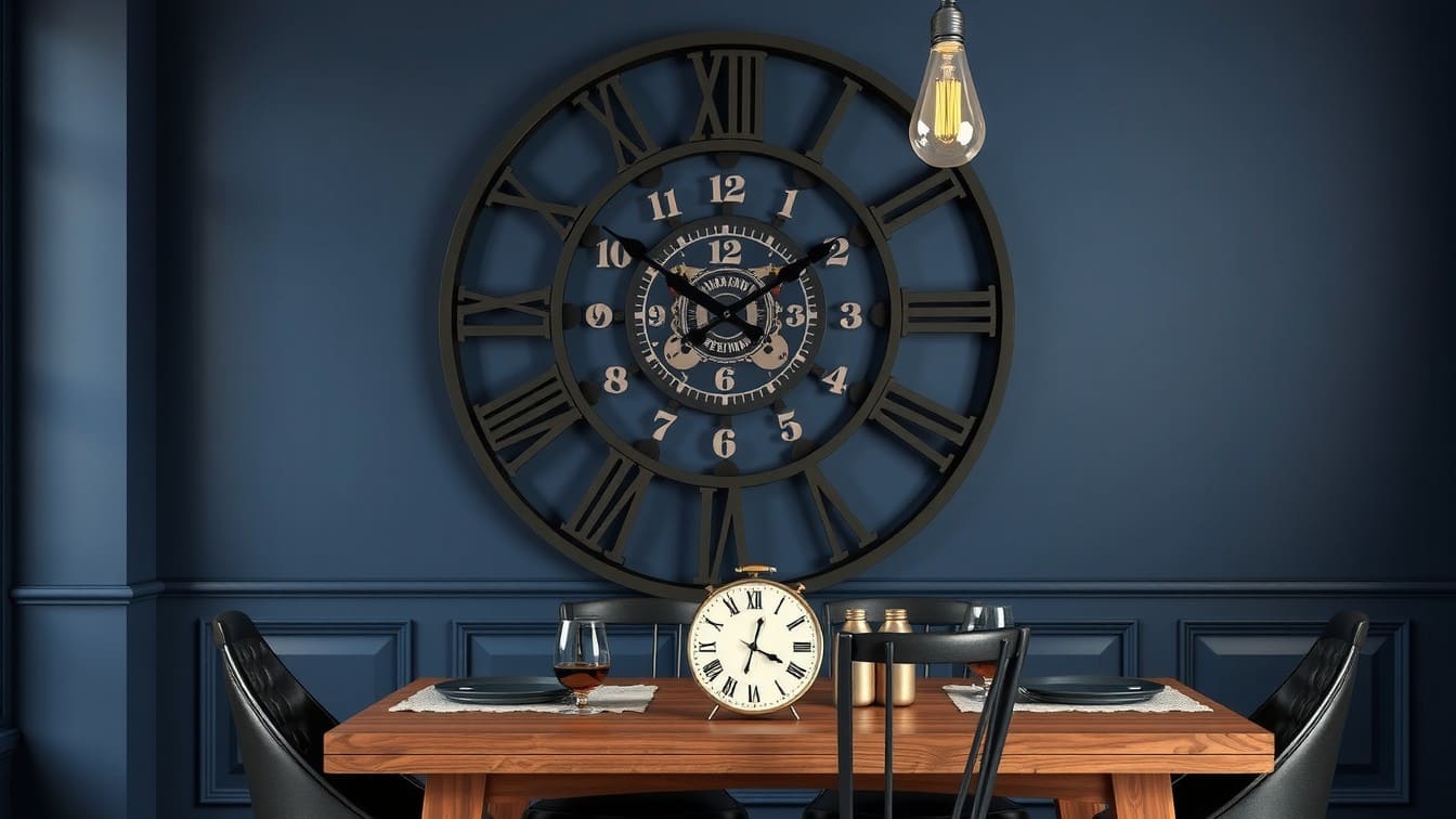 A huge black iron open-faced skeleton clock with roman numerals hanging on a moody navy blue wall in a modern industrial dining room.