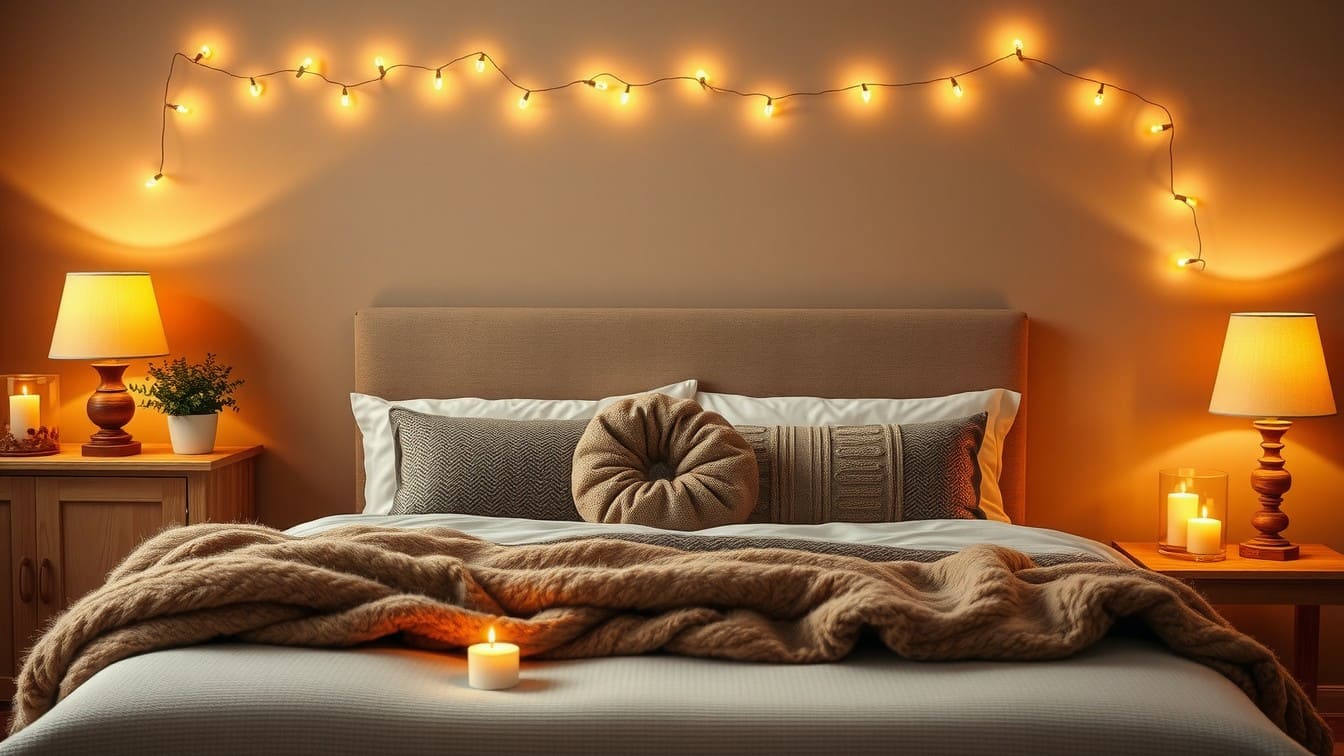 An incredibly inviting and romantic bedroom with a fluffy bed, warm golden light, and soft textures.