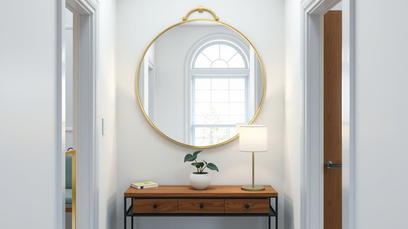 A perspective shot looking down a slightly narrow entryway. A large, trendy round mirror with a thin brass frame hangs above a minimal wooden console table. The mirror clearly reflects a window on the opposite wall, flooding the entry with light and giving the illusion of a deeper hallway. A small pot with a Pothos plant sits on the console.