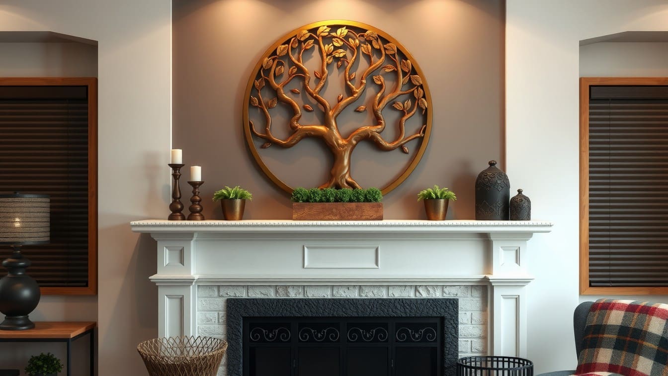 A large bronze metal Tree of Life circular sculpture hanging above a fireplace mantel in a rustic, warm living room.