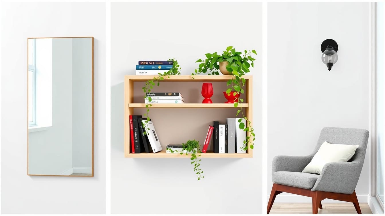 A collage of three images showcasing small space decor: a round mirror reflecting light, vertical floating shelves with greenery, and a cozy reading corner with a wall sconce.