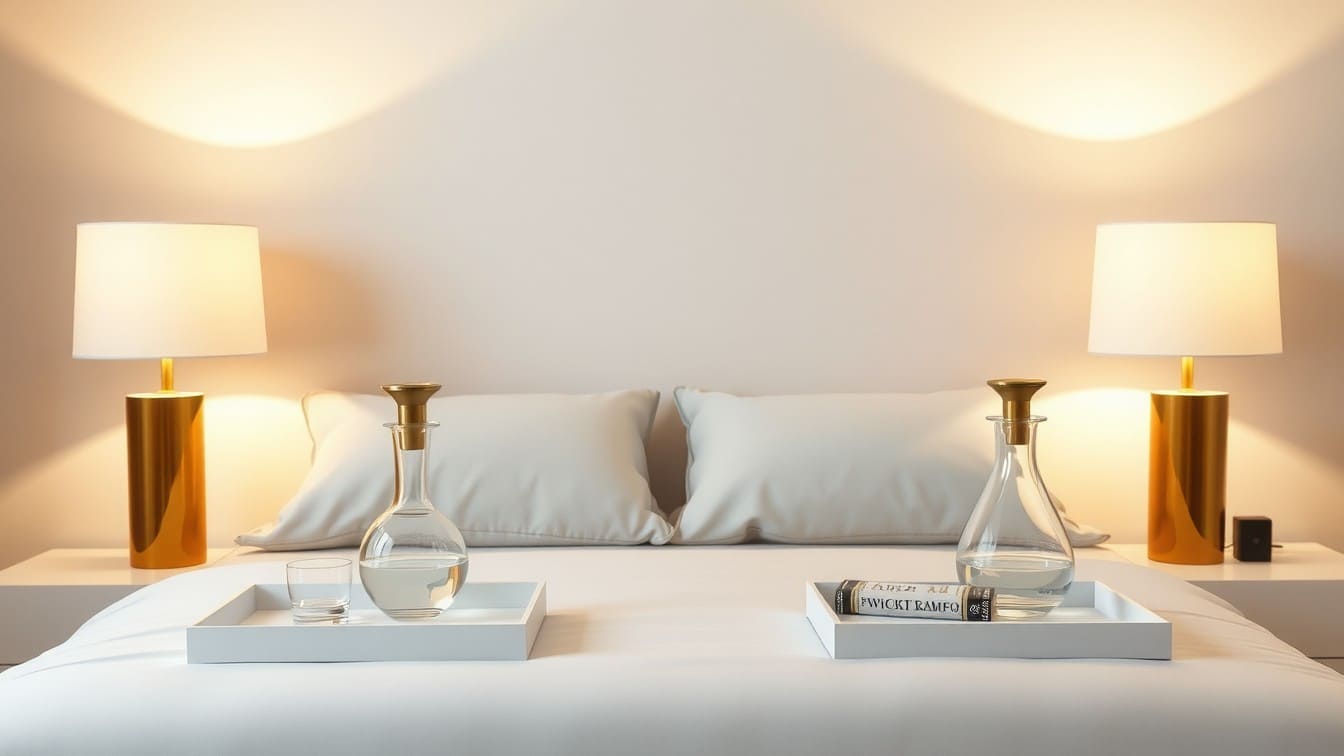 A symmetrical bedroom view showing matching wood nightstands, identical brass lamps, and a styled tray, creating a balanced hotel look.