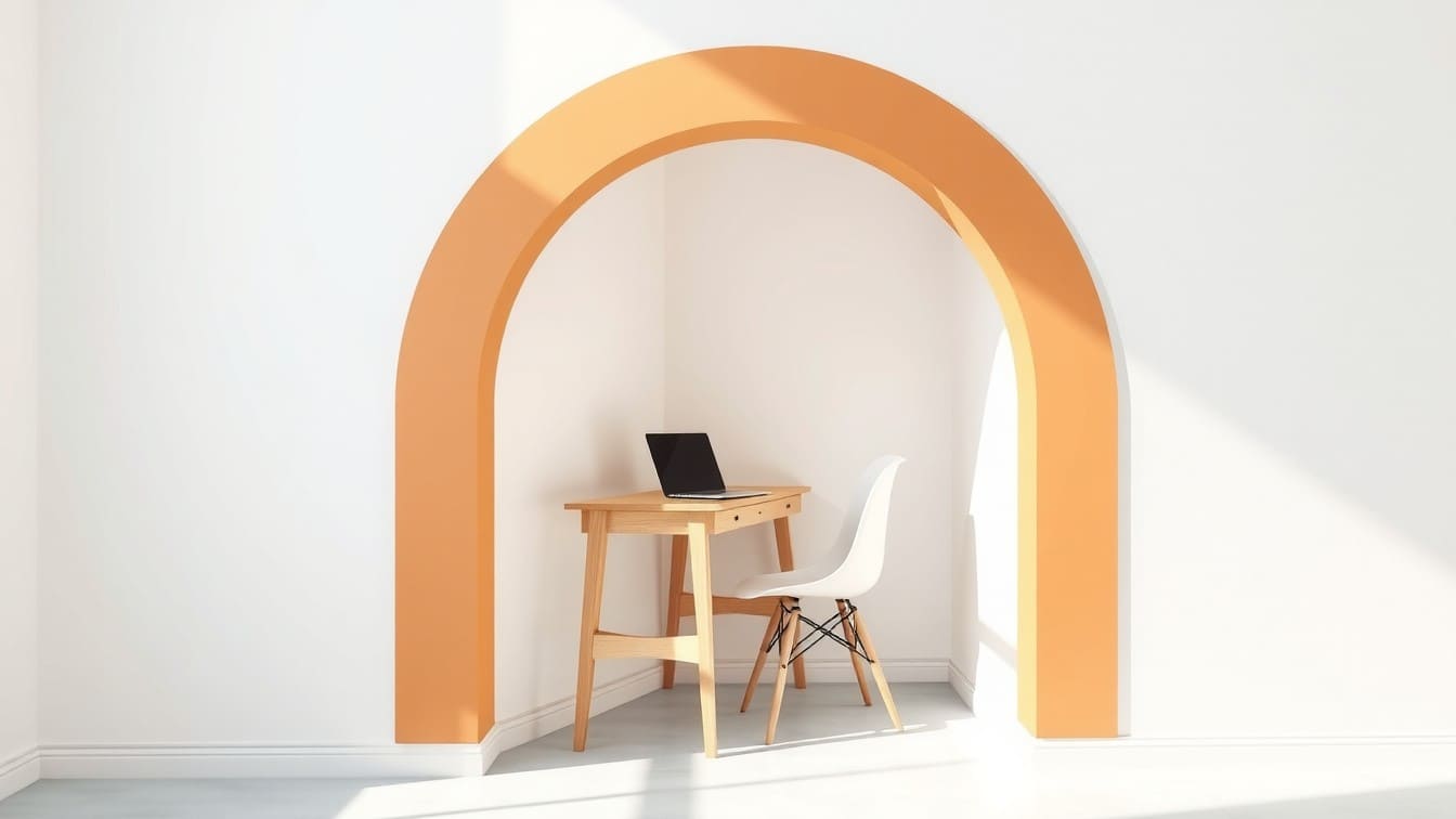 A bright photo of a corner in an apartment. A perfect, smooth arch has been painted in a warm terracotta color against the white drywall. Nestled perfectly within the boundaries of the arch is a simple, ladder-style wooden desk, a white sleek chair, and a small laptop. The paint job looks clean and defined.