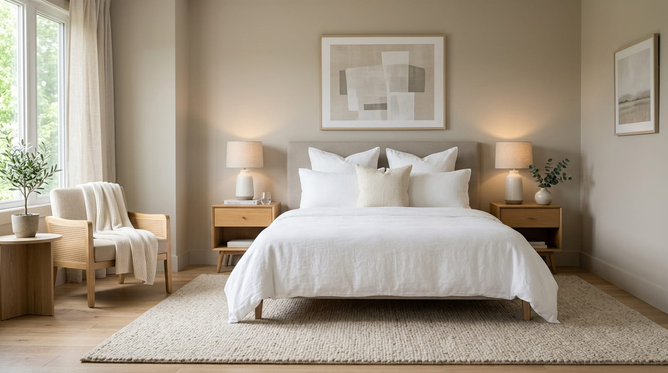 A bright and inviting shot of a beautifully decorated, neutral-toned bedroom styled to look like a luxury hotel suite, featuring crisp white bedding and symmetrical design.