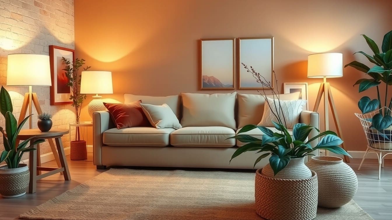 A warm and inviting living room with soft lighting, a plush rug, and earthy tones.