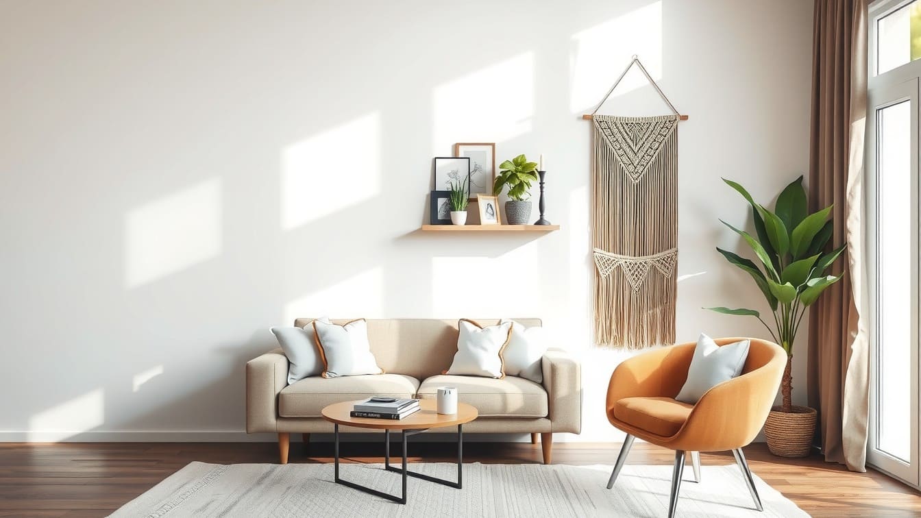 A split view of a living room wall, showing a plain white wall on the left transitioning into a beautifully decorated wall with art, shelves, and plants on the right