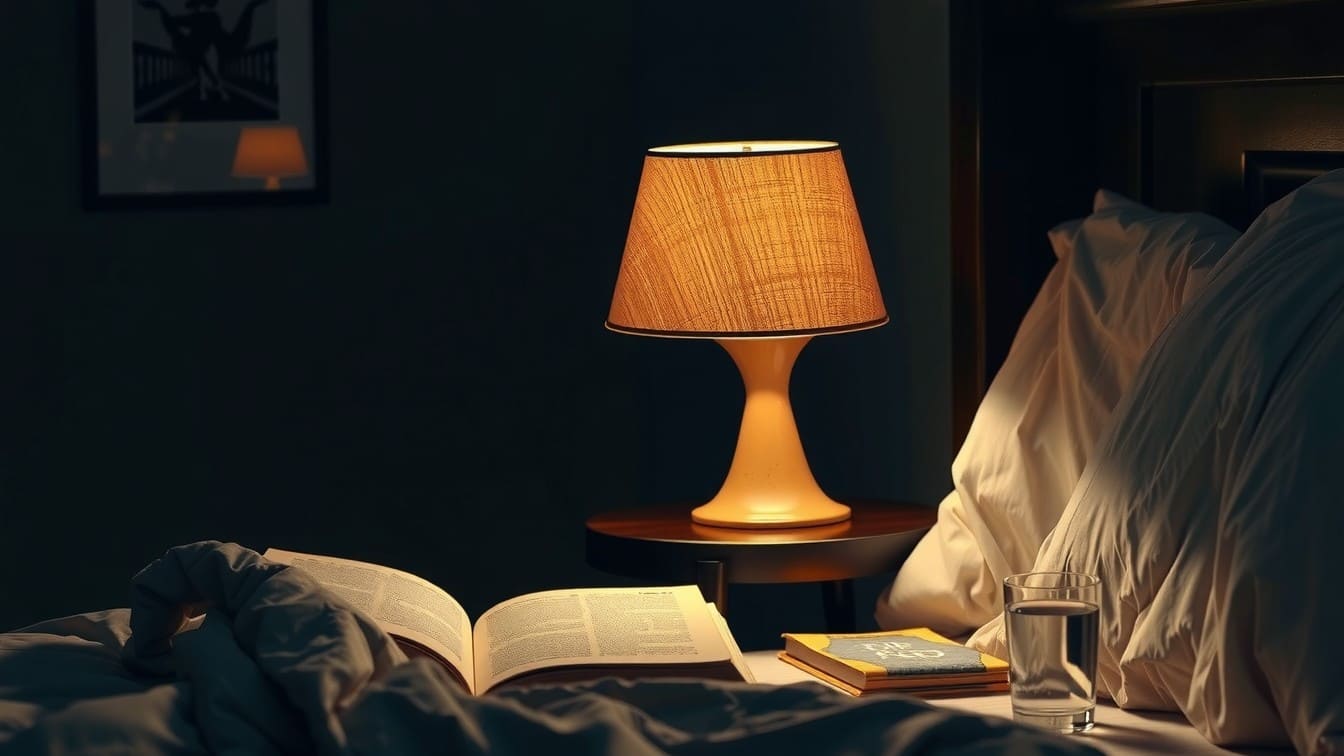 An evening shot of a bedside scene, lit only by the warm glow of a shaded table lamp, illuminating a book and a glass of water on a rustic nightstand.