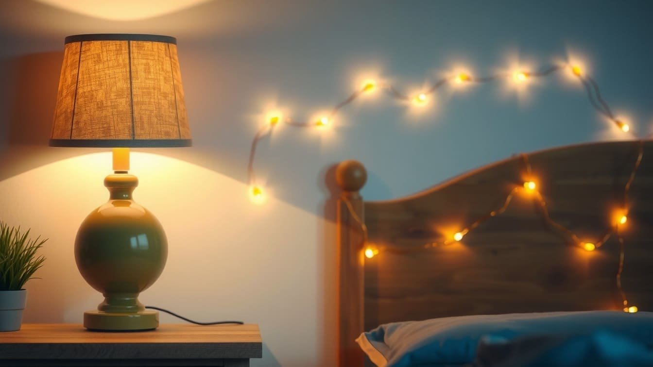 A close-up view of a fabric-shade bedside lamp and fairy lights draped on a headboard.
