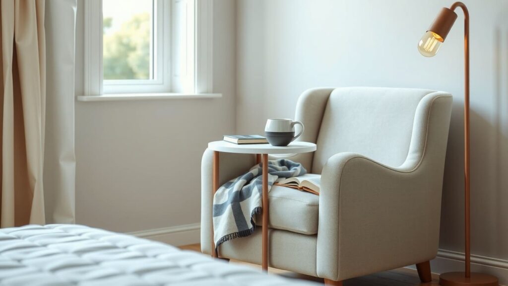 A comfortable armchair in a bedroom corner with a patterned blanket draped over it, a mug on a small side table, and a glowing reading light, creating a dedicated space to wind down.