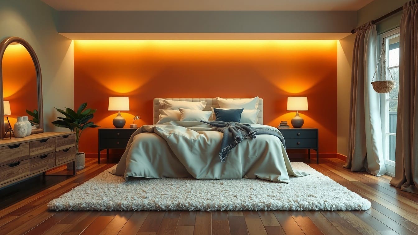 An inviting and aspirational bedroom featuring warm ambient lighting, plush layered bedding, calming terracotta walls, a natural area rug, and houseplants, creating the perfect cozy retreat.