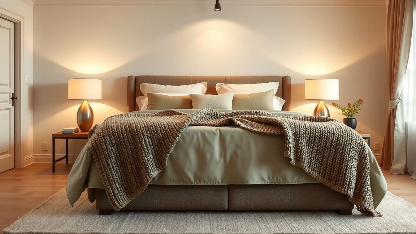 A warmly lit, inviting master bedroom with soft bedding and ambient light.