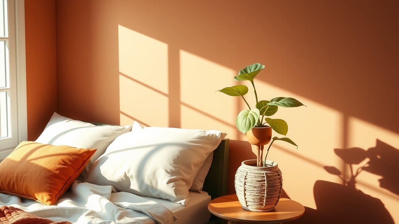 A cozy bedroom featuring a sun-baked terracotta accent wall, linen bedding, and rattan furniture.