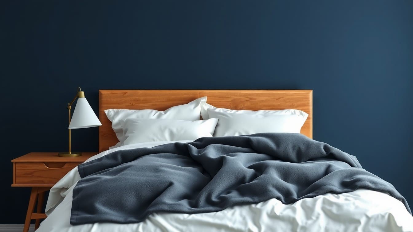 A sophisticated bedroom featuring deep navy walls, warm wood nightstands, and crisp white bedding.