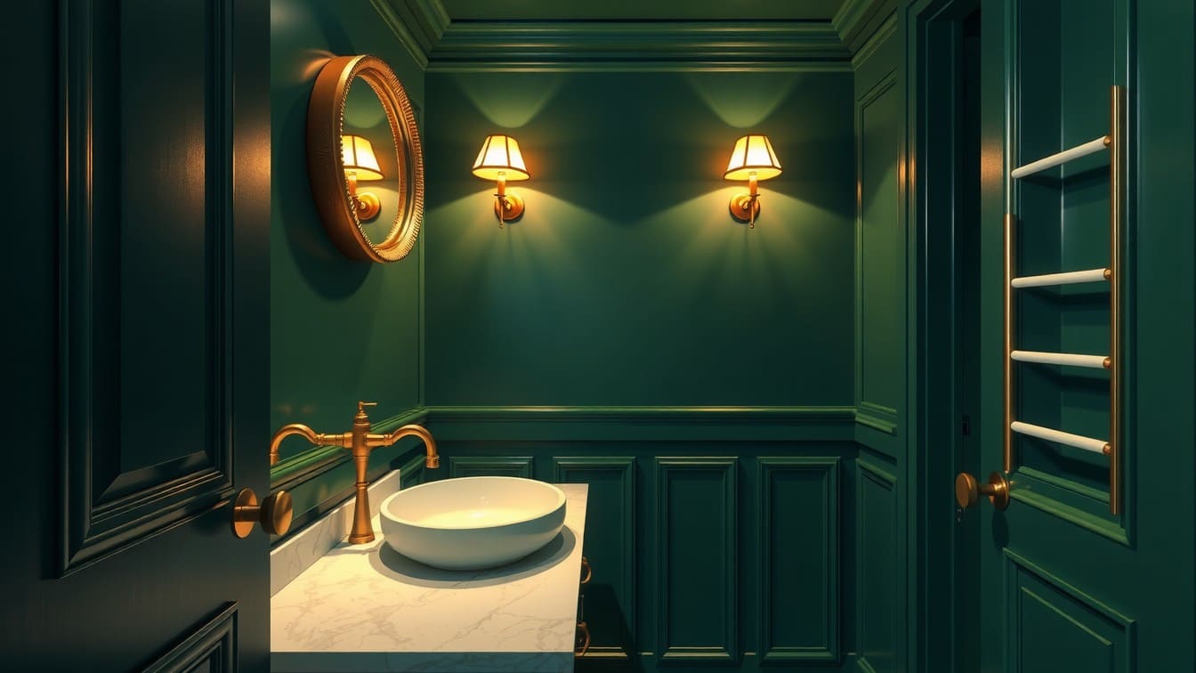 A small powder room with walls doused in moody emerald green, featuring brushed brass hardware and a round mirror.