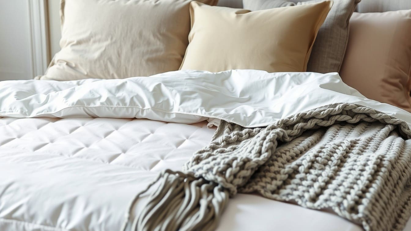 close-up view of a queen-sized bed showing layered sheets, a duvet folded back at the foot, and a chunky knit throw blanket casually draped over the corner.